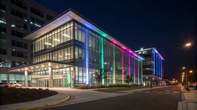 Modern office building illuminated at night