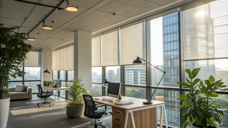 Contemporary office interior with large windows and soft lighting