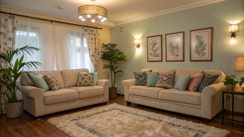 A warm and inviting living room with soft lighting and plush furniture