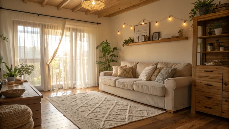 A cozy living room with warm lighting and plush furnishings