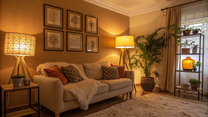 Cozy living room with warm lighting and plush sofa