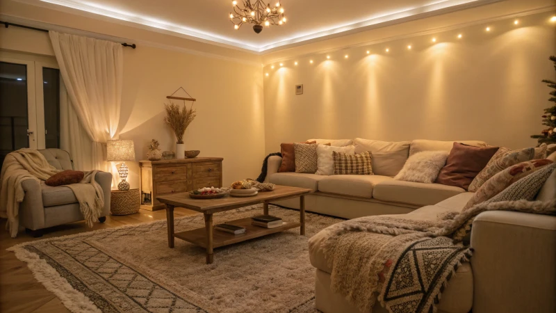 Cozy living room with warm lighting and plush furniture
