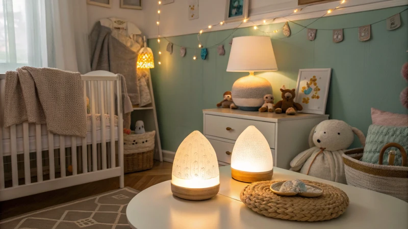 A cozy nursery with warm lighting and soft decor for infants