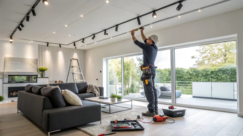 An electrician installing track lights in a modern living room