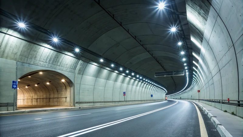 Illuminated highway tunnel with smooth concrete walls