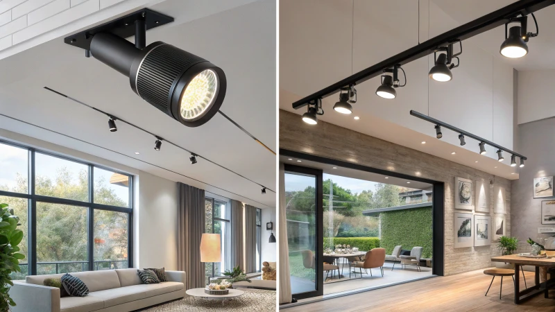 A collage of LED track lighting fixtures in modern interiors.