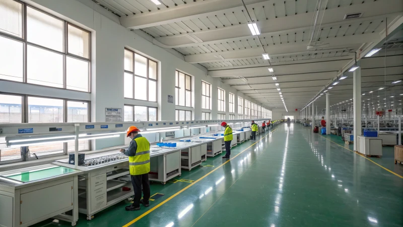 Workers inspecting LED lights in a bright manufacturing facility