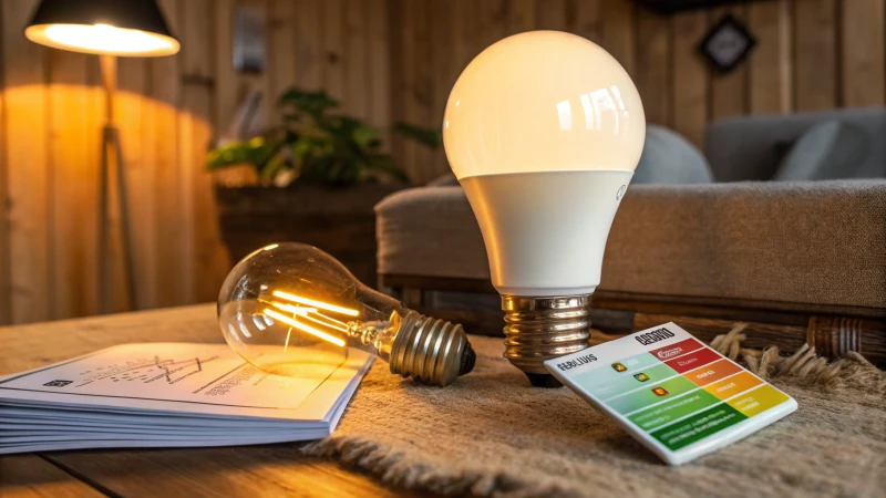 A close-up of an LED bulb next to an incandescent bulb in a cozy room