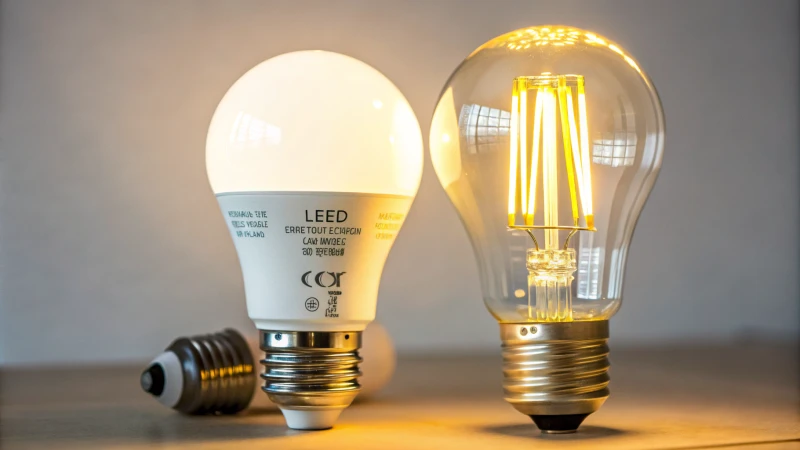 Comparison of LED and incandescent bulbs with labels.