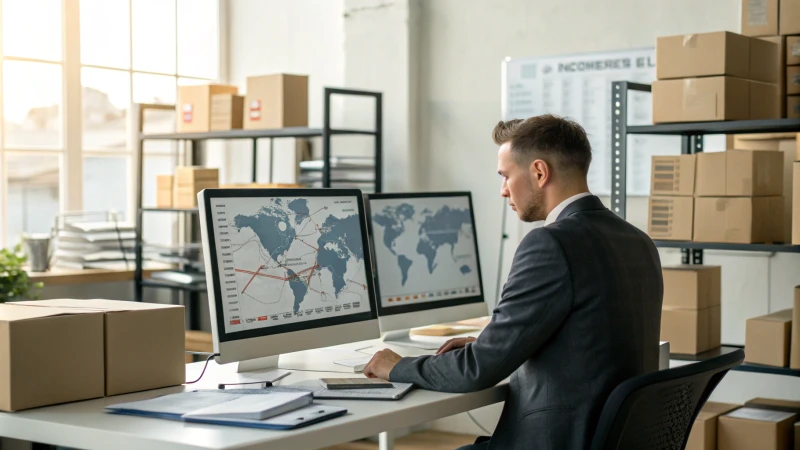 Logistics professional analyzing shipping routes in a modern office