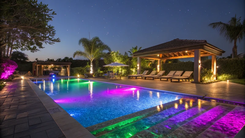 A luxurious outdoor swimming pool illuminated at night.