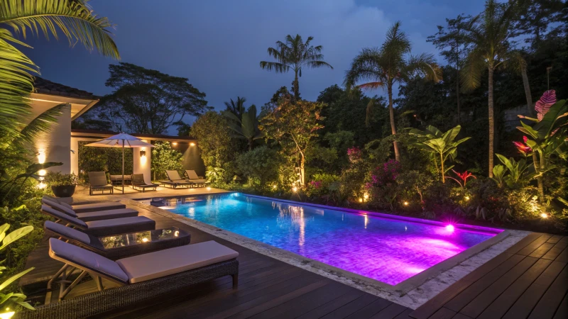 Illuminated outdoor swimming pool surrounded by tropical plants
