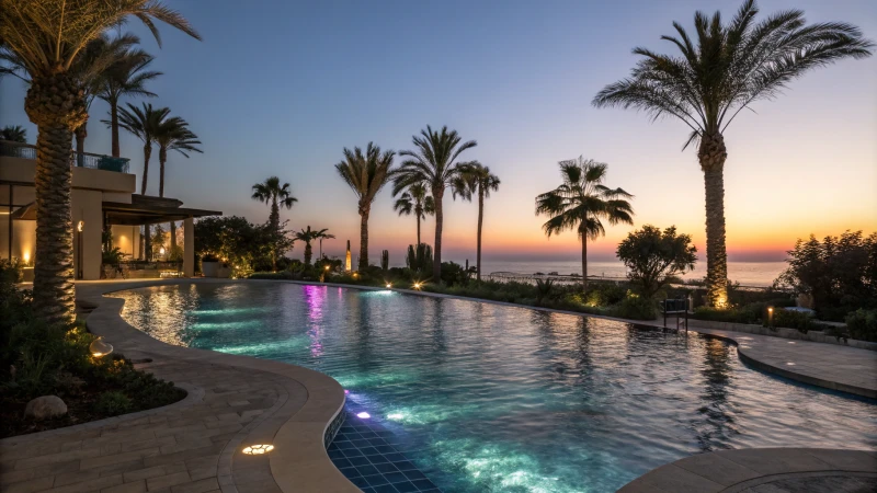 A luxurious swimming pool at dusk with LED lights