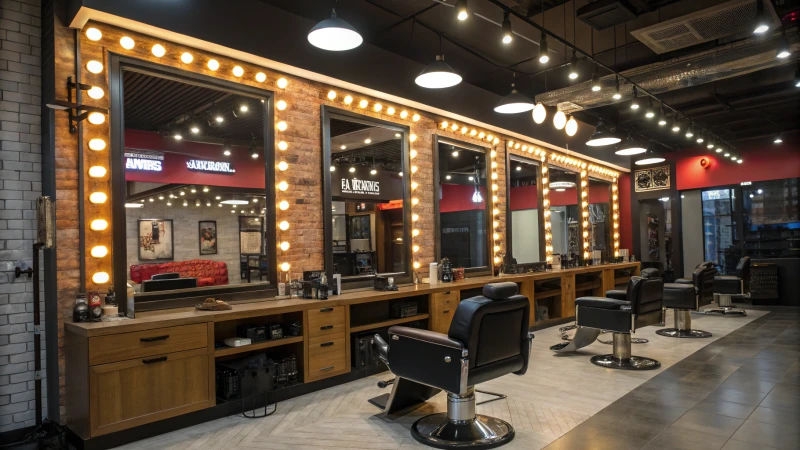Interior view of a modern barbershop with stylish lighting