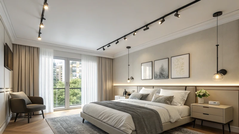 Modern bedroom with track lights and soft linens