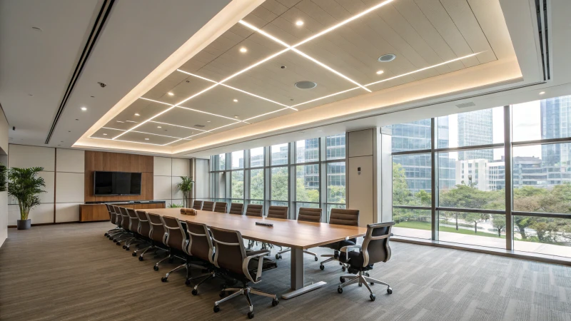 A modern conference room with smart lighting and large windows