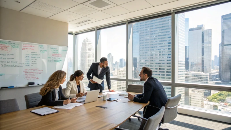 A modern conference room with diverse professionals discussing documents.