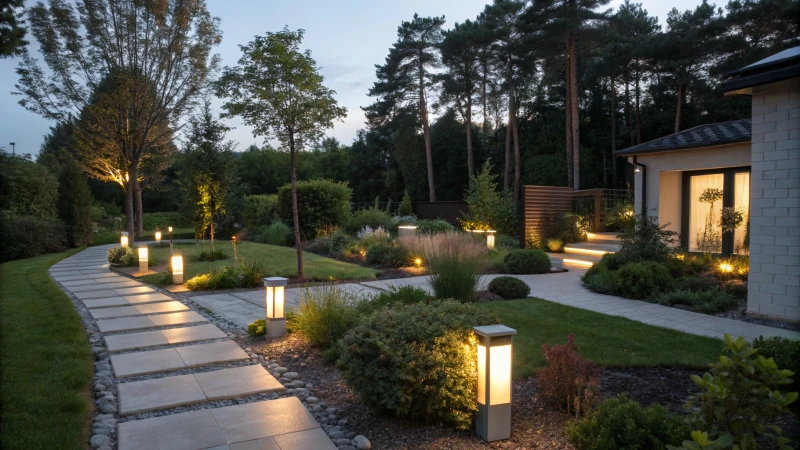 A serene modern garden at dusk with innovative lighting