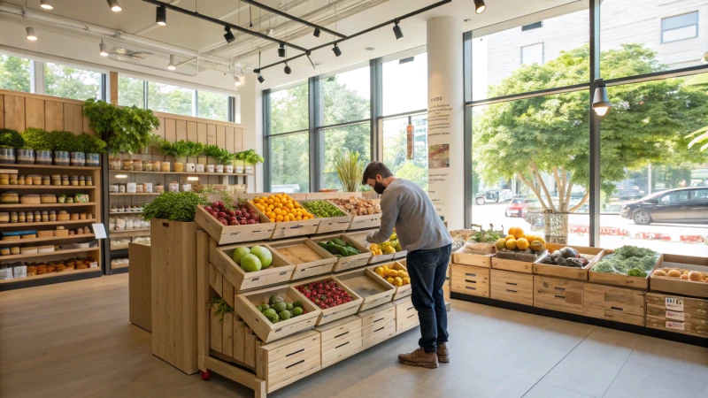 A person selecting organic produce in a bright grocery store