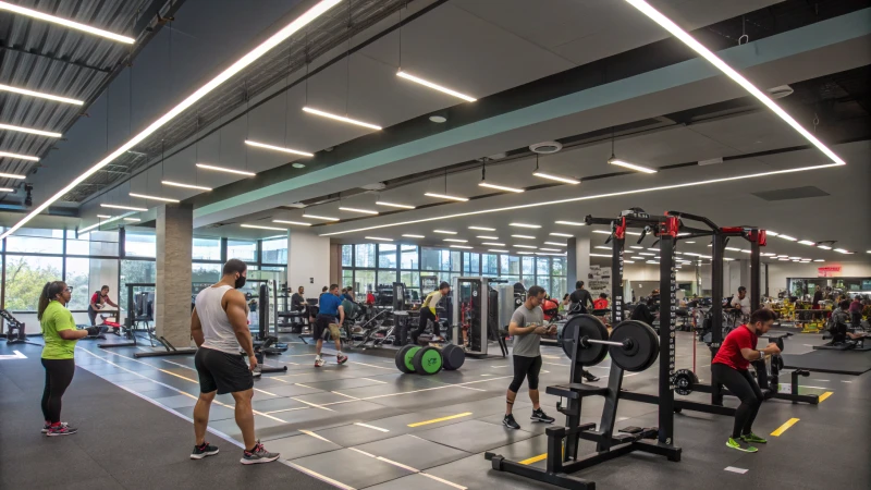 A modern gym with bright LED lighting and individuals working out