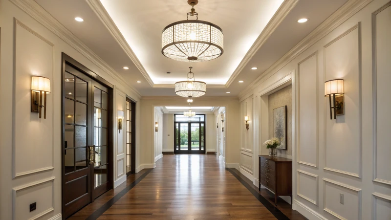 A modern hallway with various lighting fixtures