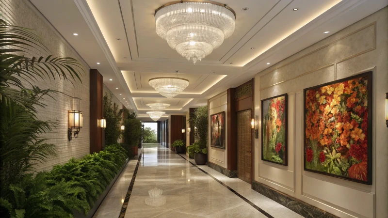 Modern hallway with stylish lighting and contemporary art