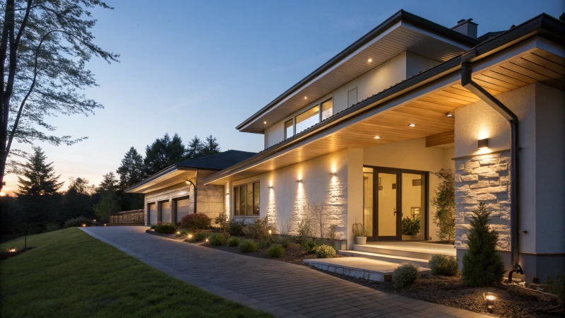 Modern home exterior illuminated at dusk