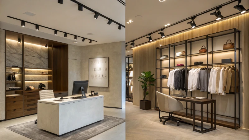 A modern interior showcasing an office and boutique section with stylish lighting.