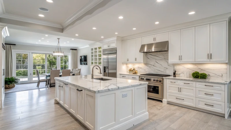 Modern kitchen with white cabinetry and marble island