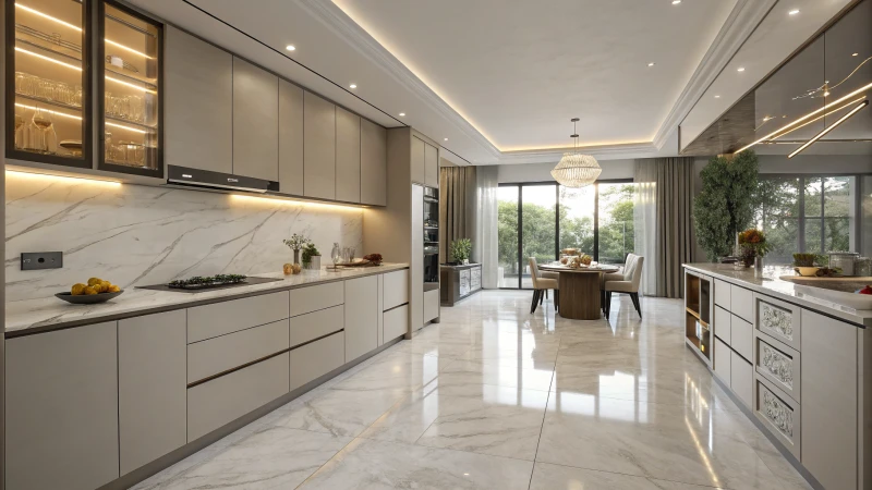 A bright modern kitchen with stainless steel appliances and marble countertops