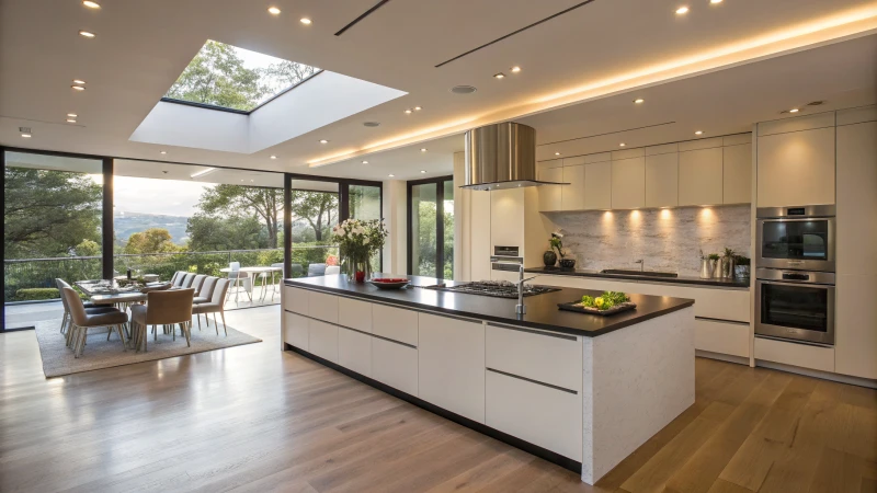 A modern kitchen with sleek cabinetry and large island