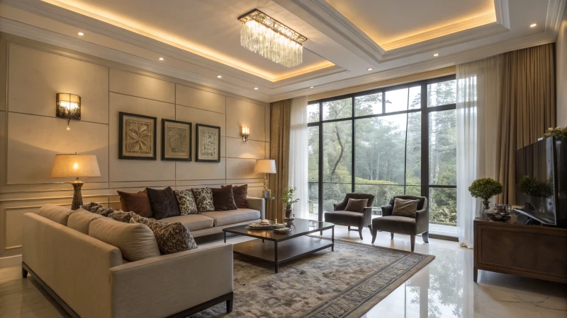 A sleek modern living room with stylish furniture and large windows