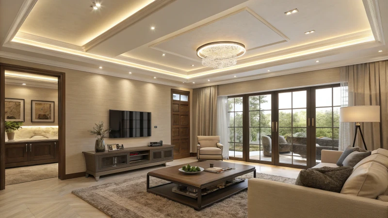 Modern living room with energy-efficient lighting