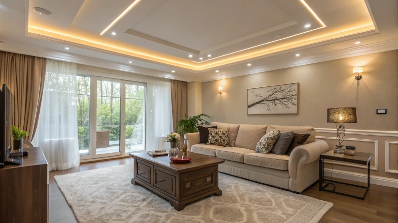 A cozy modern living room with warm lighting and neutral tones