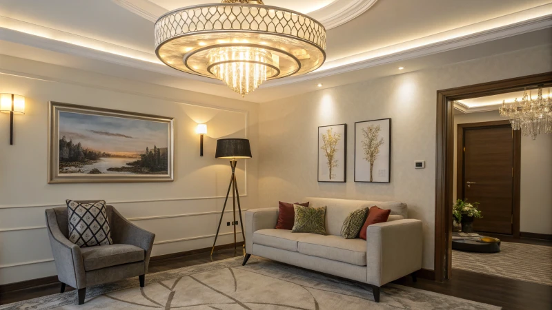 Cozy modern living room with layered lighting