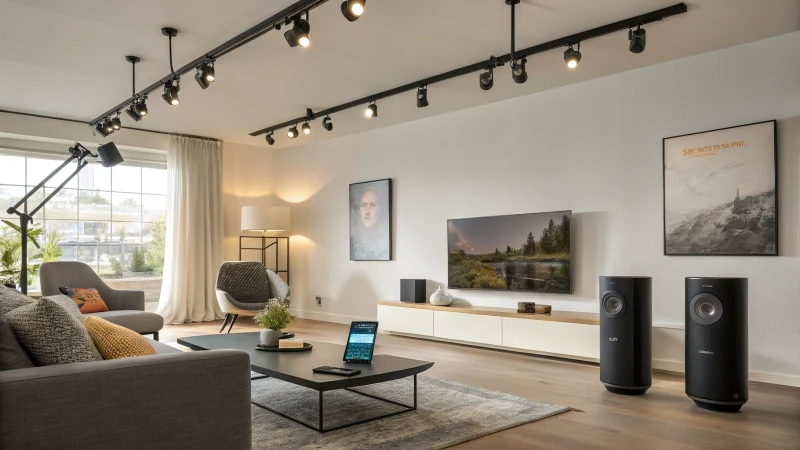 A modern minimalist living room with track lights and smart home devices.