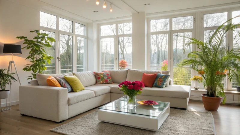Modern living room with natural light and indoor plants