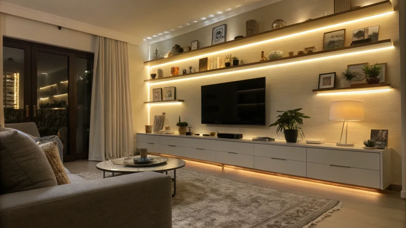 Cozy modern living room at night with warm LED lighting