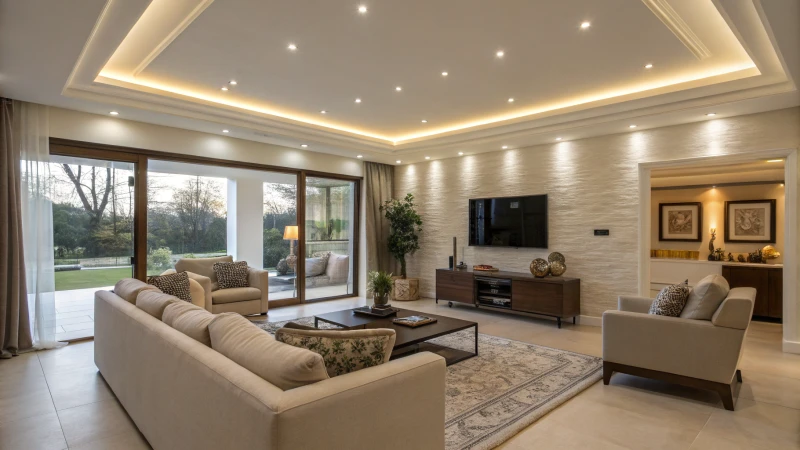 A modern living room with recessed lighting and contemporary furniture