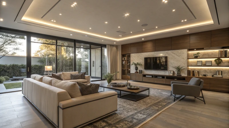 Modern living room with recessed lighting and minimalist furniture