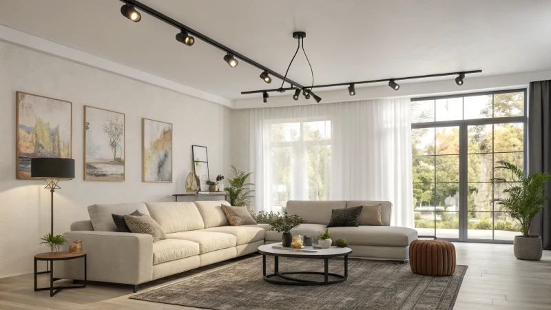A modern living room with adjustable track lights and minimalist furniture.