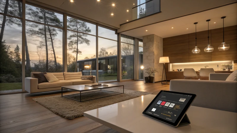 Modern living room with smart lighting and sleek furniture