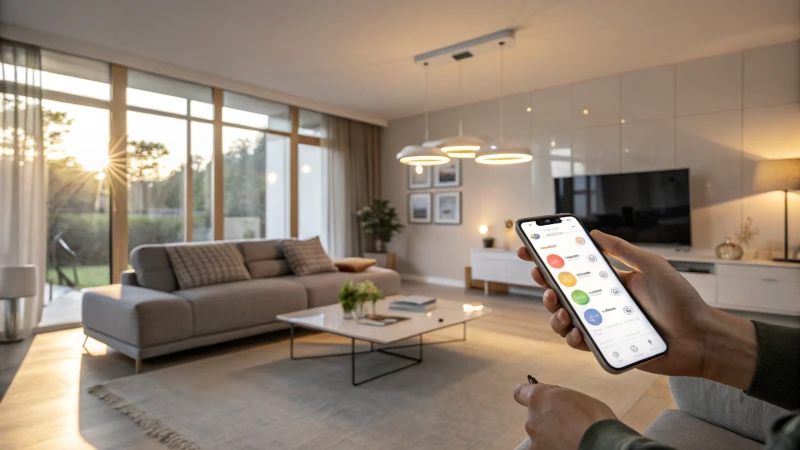 A modern living room with ambient lighting and a person using a smartphone.