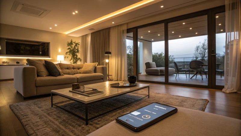 Modern living room with smart lighting and furniture