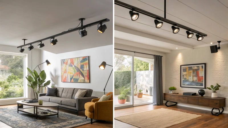 A modern living room with different types of track lighting