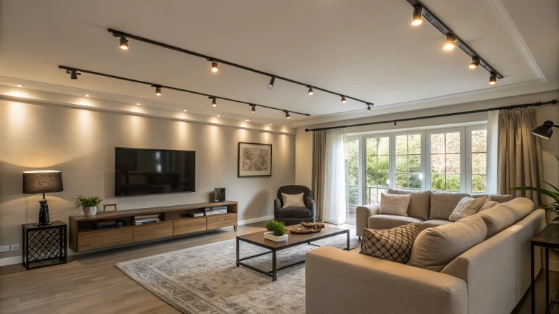 A modern living room featuring LED track lights and contemporary decor.
