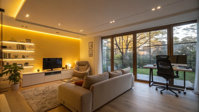 Modern living room showcasing adjustable lighting and stylish decor