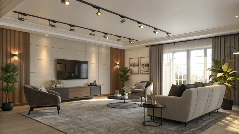 A modern living room with track lighting and stylish furniture.