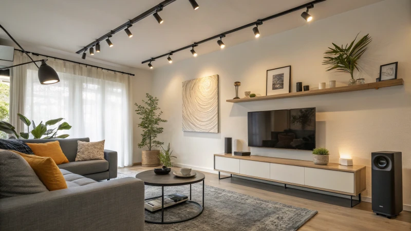 A modern living room with warm lighting and stylish furnishings.