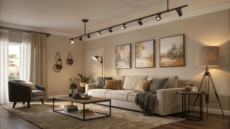 Modern living room with LED track lighting and contemporary furniture